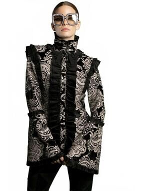 Nuvula Black Cream Paisley Ruffle Trim Jacket $756 Goth
